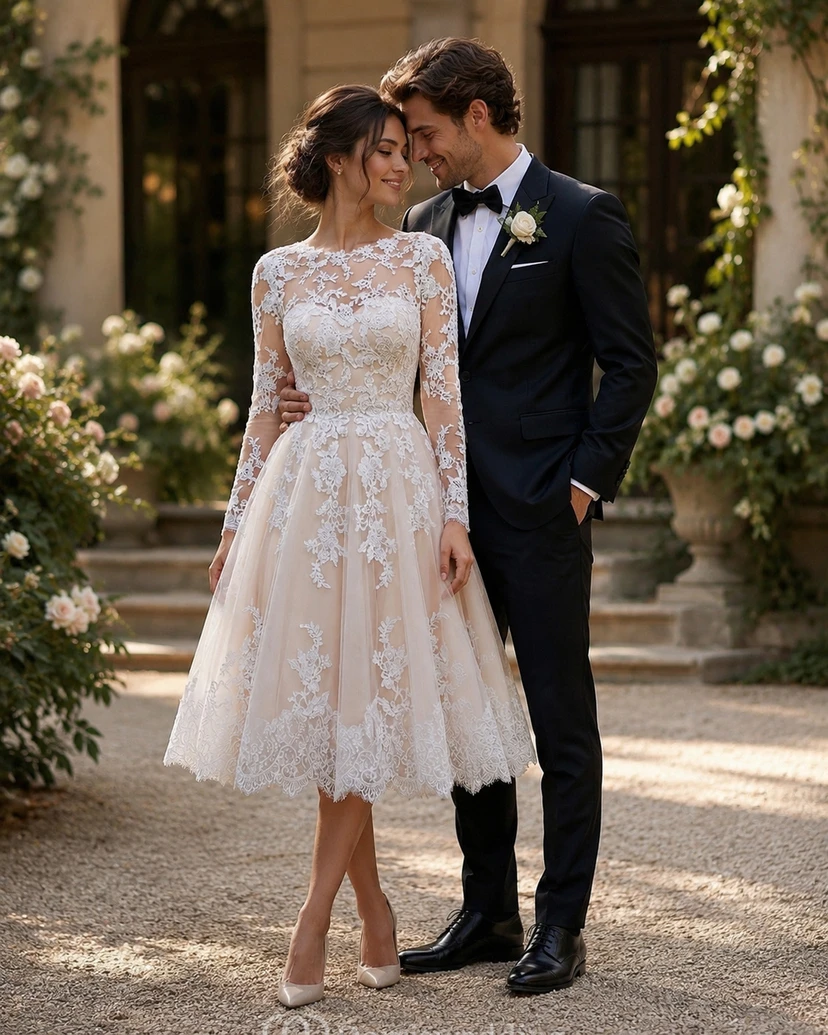 Robe de mariée mi-longue à manches longues en dentelle illusion style vintage view 4