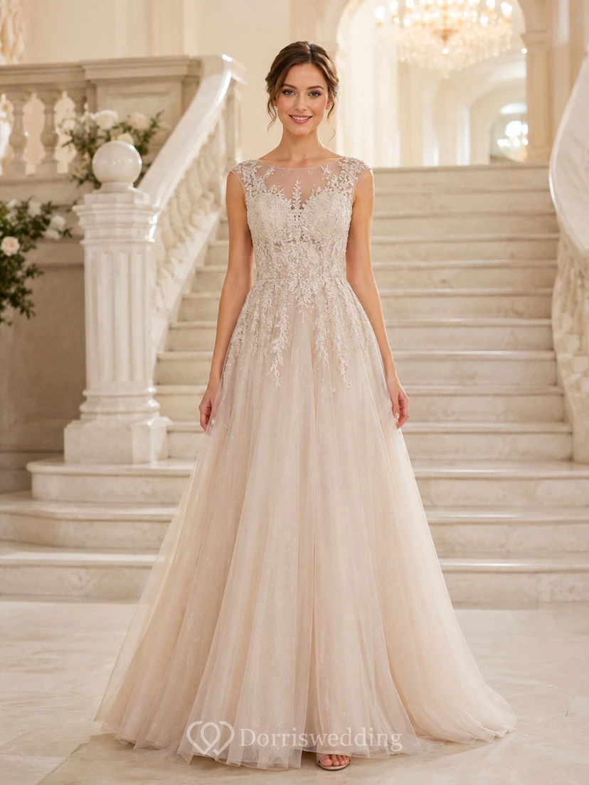 Robe de soirée champagne en tulle et dentelle à col V, coupe trapèze view 2