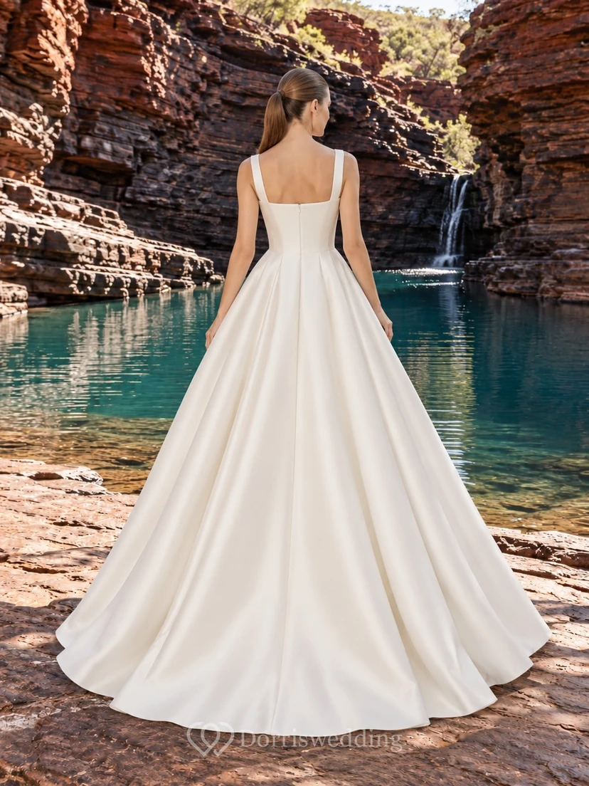 Robe de mariée simple à encolure carrée et bretelles en satin view 2