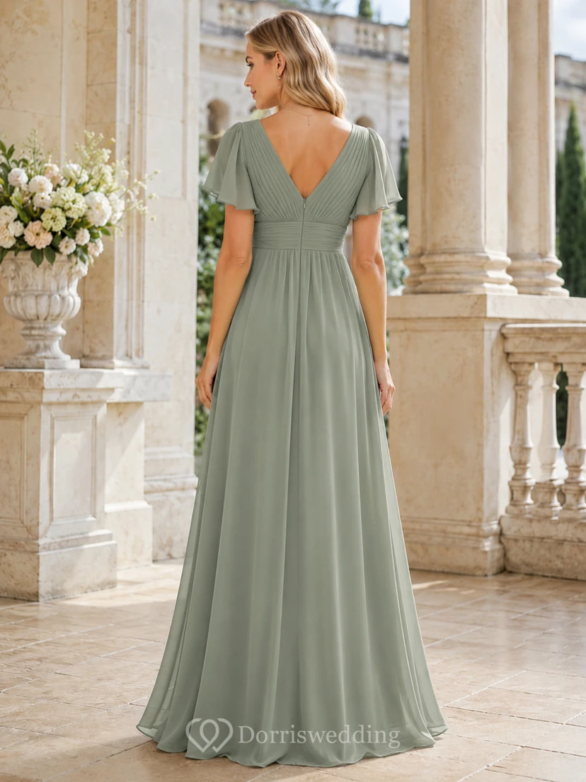 Sage V-Neck Short Sleeve Chiffon Empire Formal Dress view 2