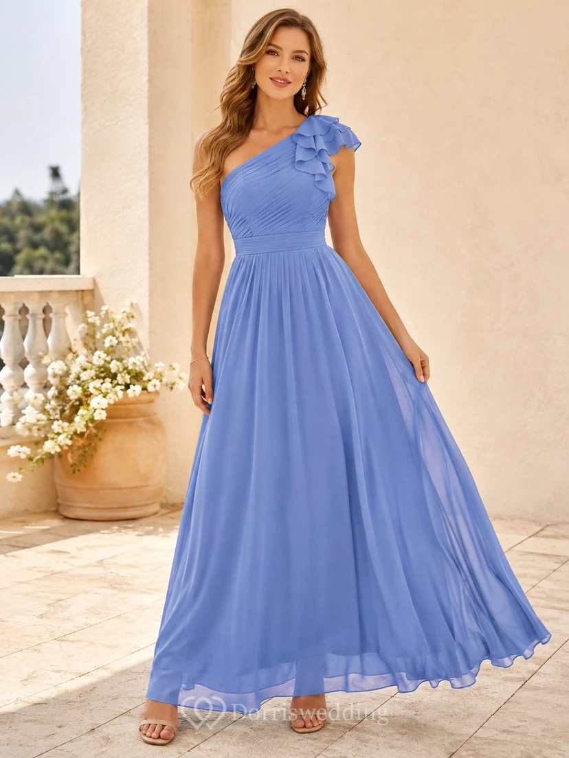 Royal Blue One-Shoulder Petal Sleeve A-Line Floor-length Elegant Maxi Dress