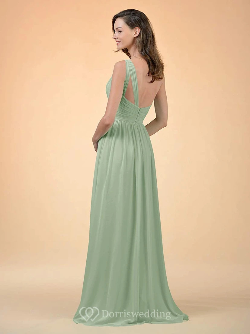Simple One-shoulder A Line Sleeveless Floor-length Chiffon Bridesmaid Dress With Ruching view 2