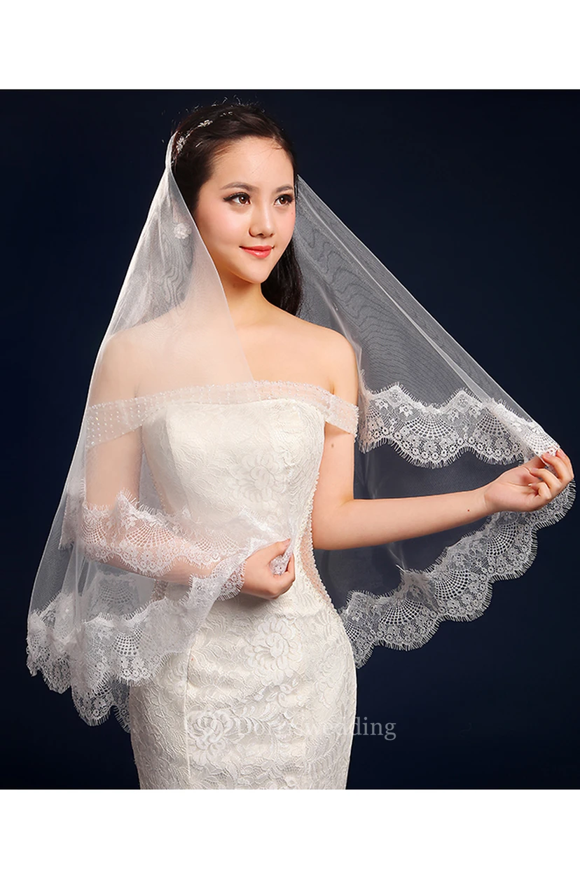 Fingertip Tulle Wedding Veil with Lace Edge view 3