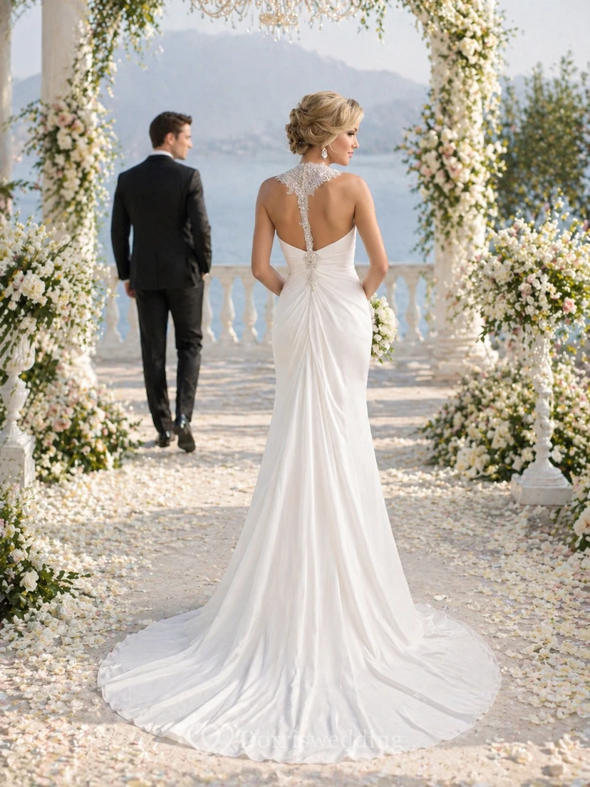Vestido de novia de playa de gasa fruncida con escote halter y abertura lateral. view 2