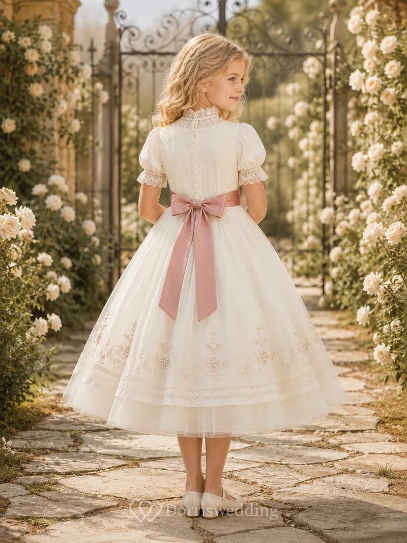 Vestido de niña de flores de corte A de inspiración victoriana con mangas abullonadas, corpiño de encaje floral, falda de tul festoneada, lazo en la cintura, estilo victoriano. view 2