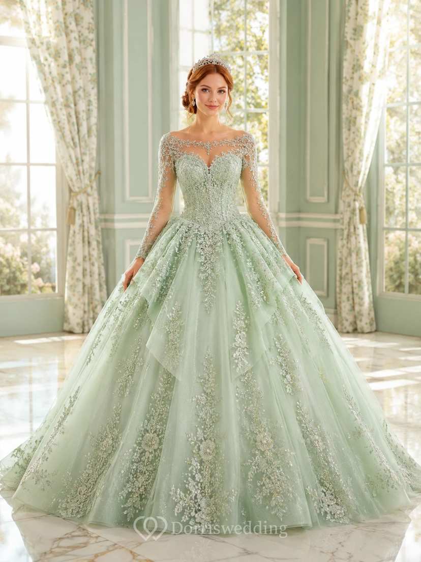 Sage Illusion Lace Tulle Quinceanera Ball Gown Dress