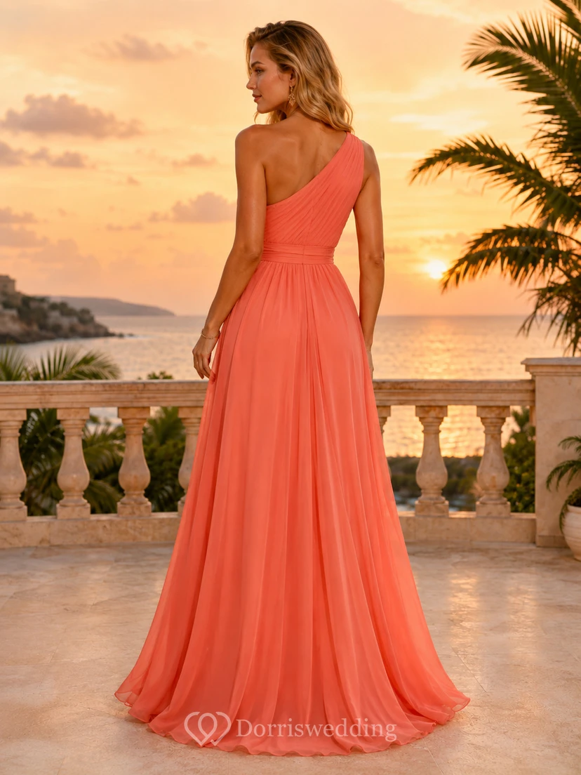 Korallenfarbenes Chiffon-Abendkleid mit One-Shoulder-Schlitz, perfekt für Resorts view 2