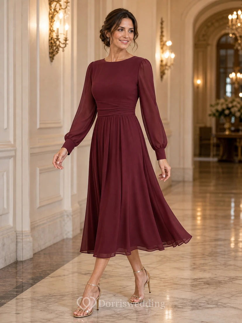 Bateau Long Sleeve Chiffon Midi Dress view 8