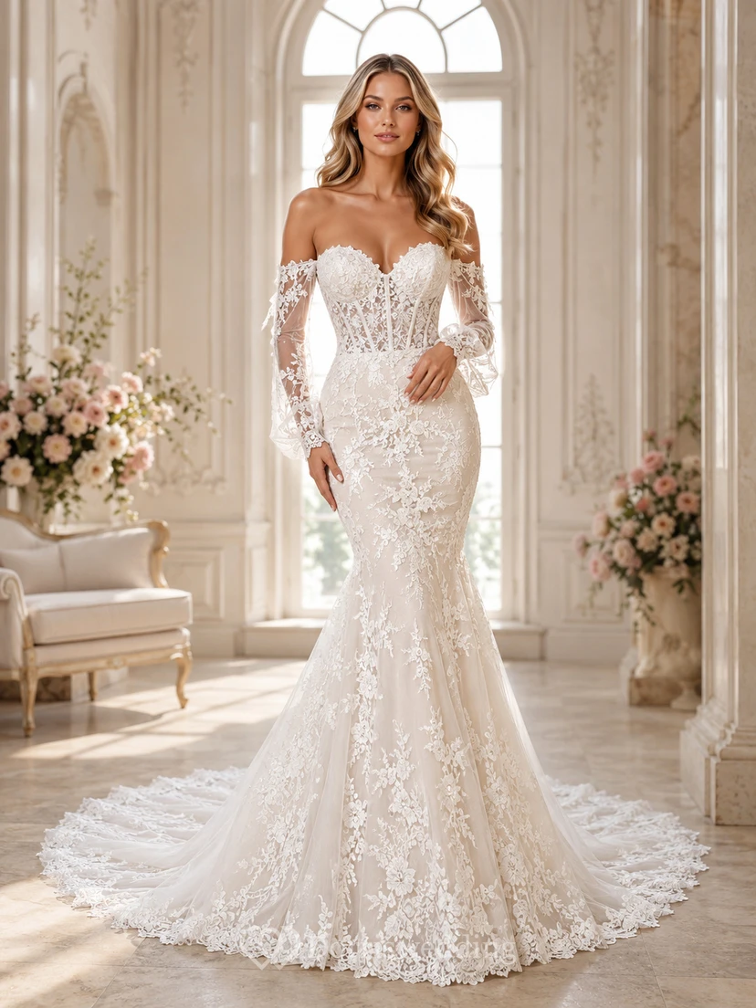 Robe de mariée sirène en dentelle, épaules dénudées, manches amovibles et traîne chapelle, idéale pour une cérémonie.