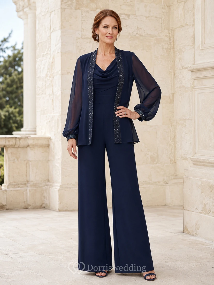 Dark Navy Mother Pantsuit with Poet Sleeve Chiffon Jacket, Cowl Top and Wide Leg Pants