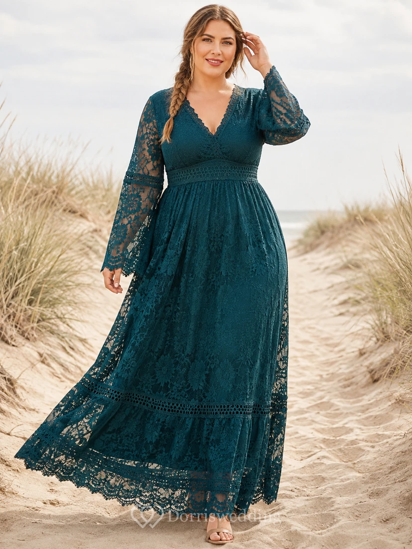 Vestido de noche bohemio largo hasta el suelo con escote en V, mangas acampanadas y encaje, de talla grande, con estampado de pavo real.