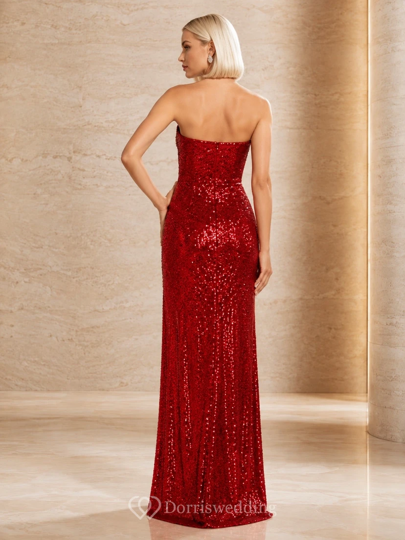 Red Sequin Strapless Split Mermaid Formal Evening Dress view 2