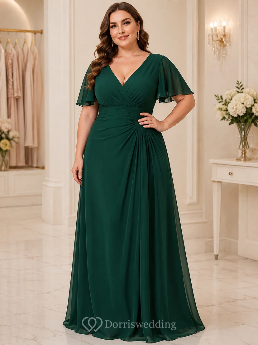 Vestido de noche formal largo hasta el suelo, de gasa, color verde oscuro, con escote en V, mangas acampanadas y corte en A, talla grande.