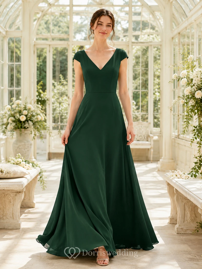 Vestido de novia sencillo de satén verde oscuro con corte en A, escote en V y mangas cortas, ideal para bodas al aire libre.