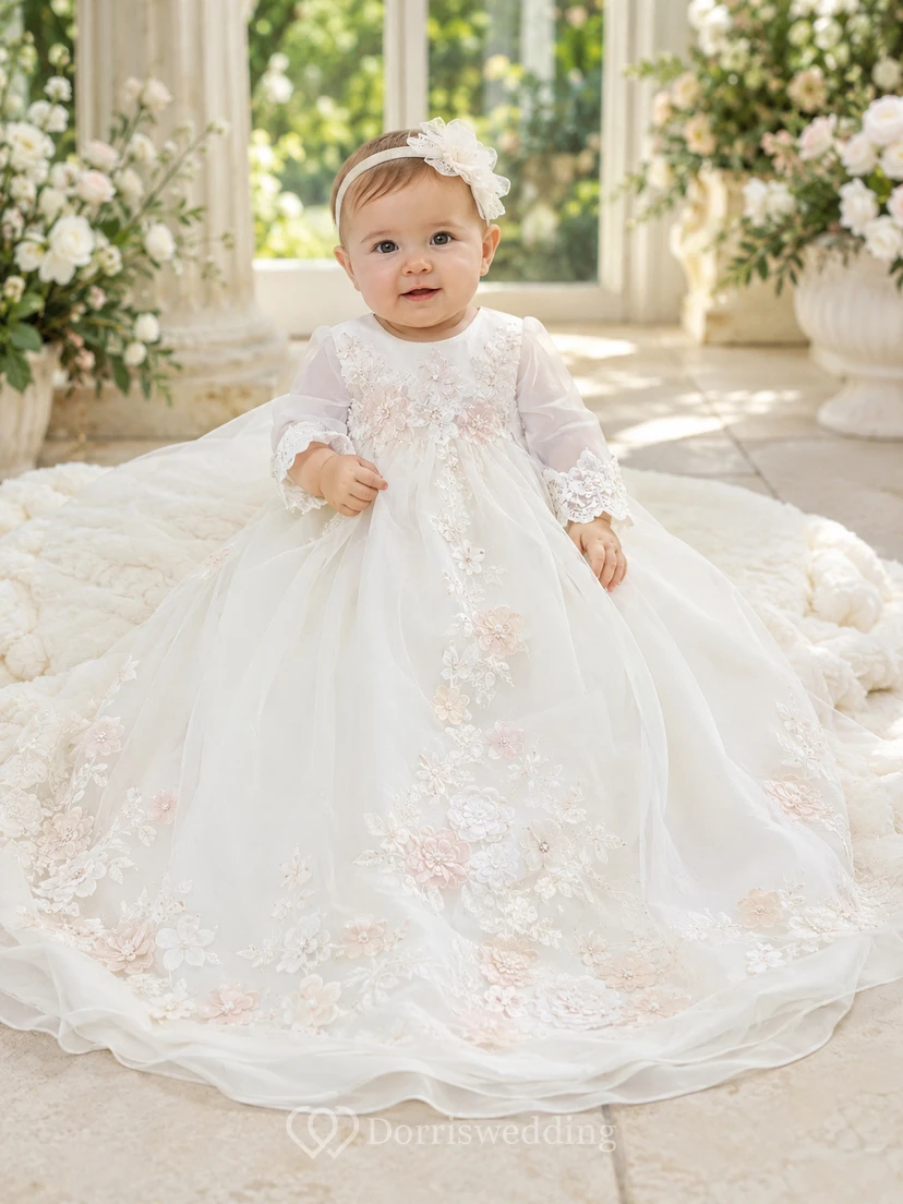 Taufkleid mit floralen Applikationen, A-Linie, Tüllspitze, lange Ärmel, Schleppe