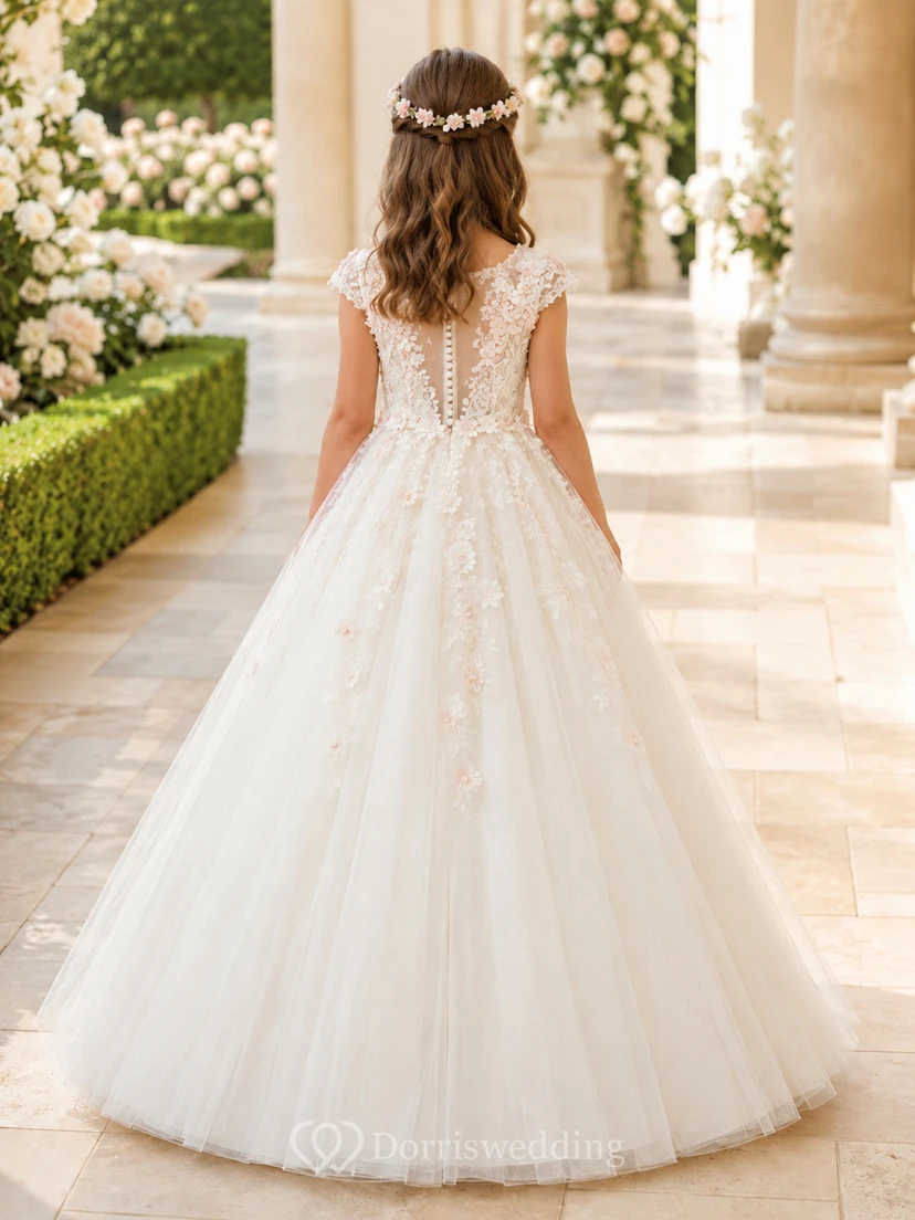 Flower Girl Dress Ivory Lace Tulle Ball Gown Jewel Neck Floor Length Sash Detail view 2