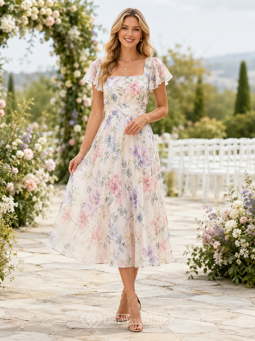Vestido midi de invitada con escote cuadrado y mangas abullonadas en acuarela pastel