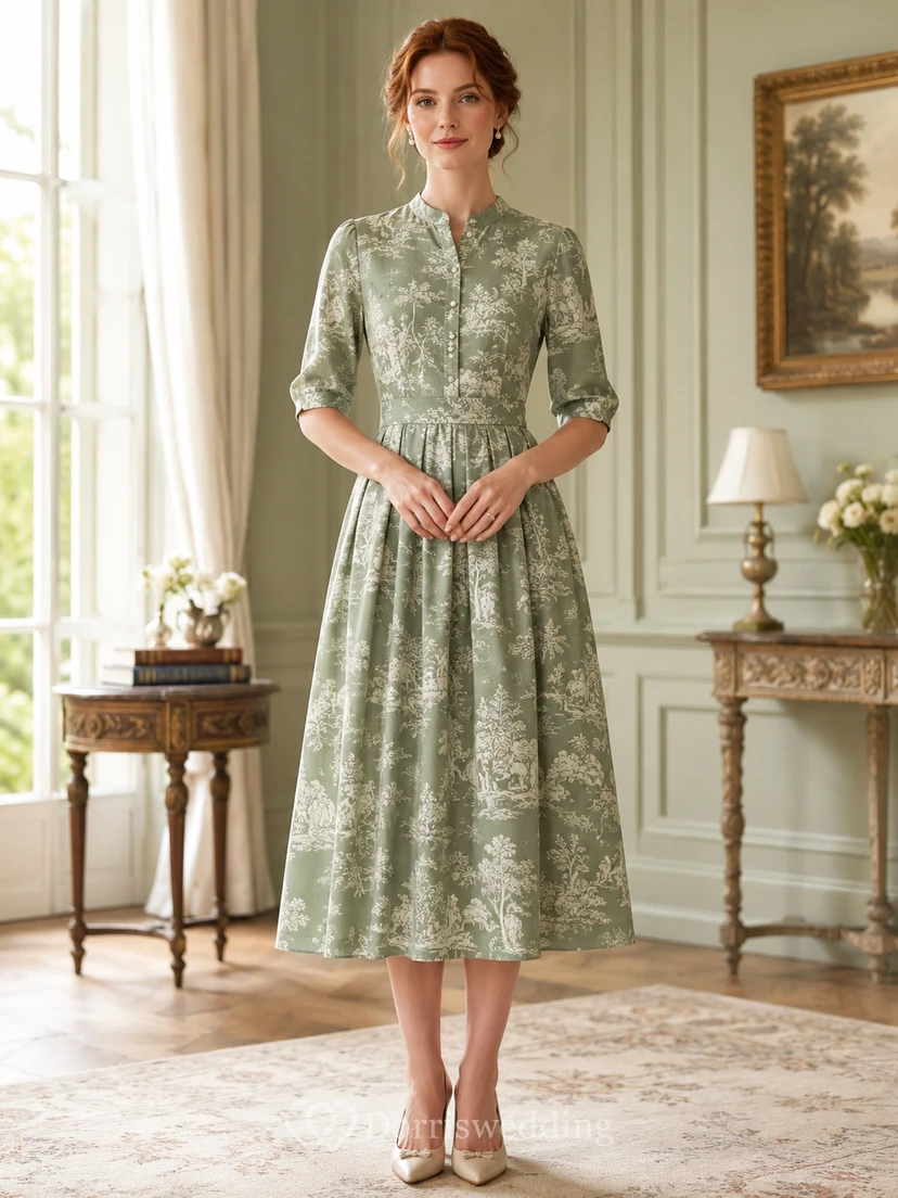 Robe midi trapèze à col montant et manches courtes en toile de sauge