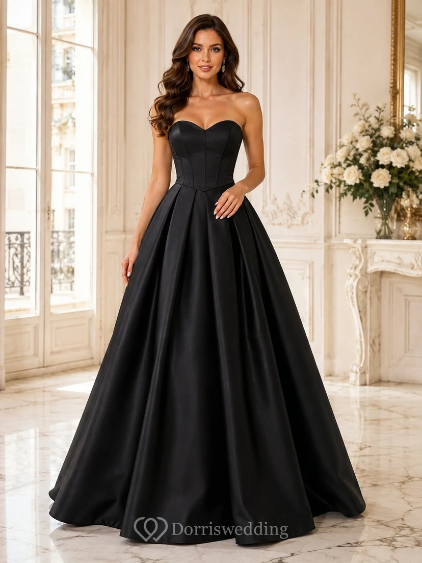 Black Simple Strapless Satin Princess Ball Gown Formal Dress