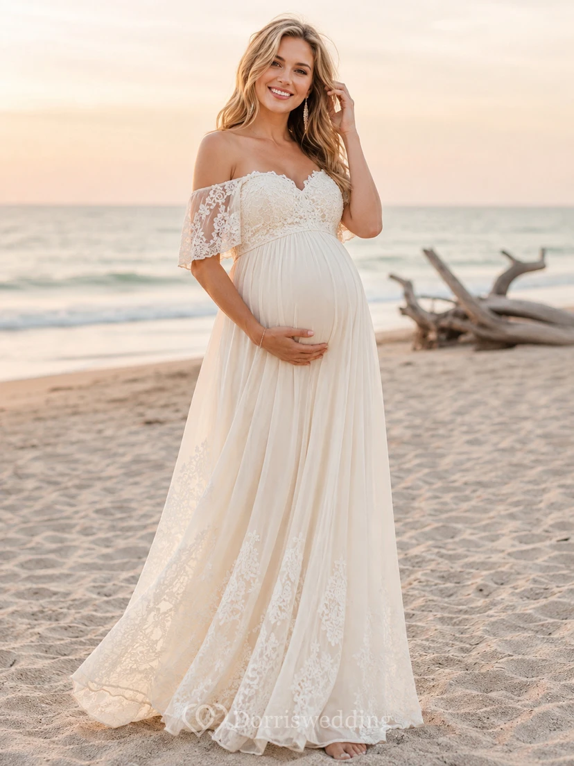 Vestido de novia de encaje campestre, corte en A, hombros descubiertos, manga larga, cola capilla, espalda descubierta.