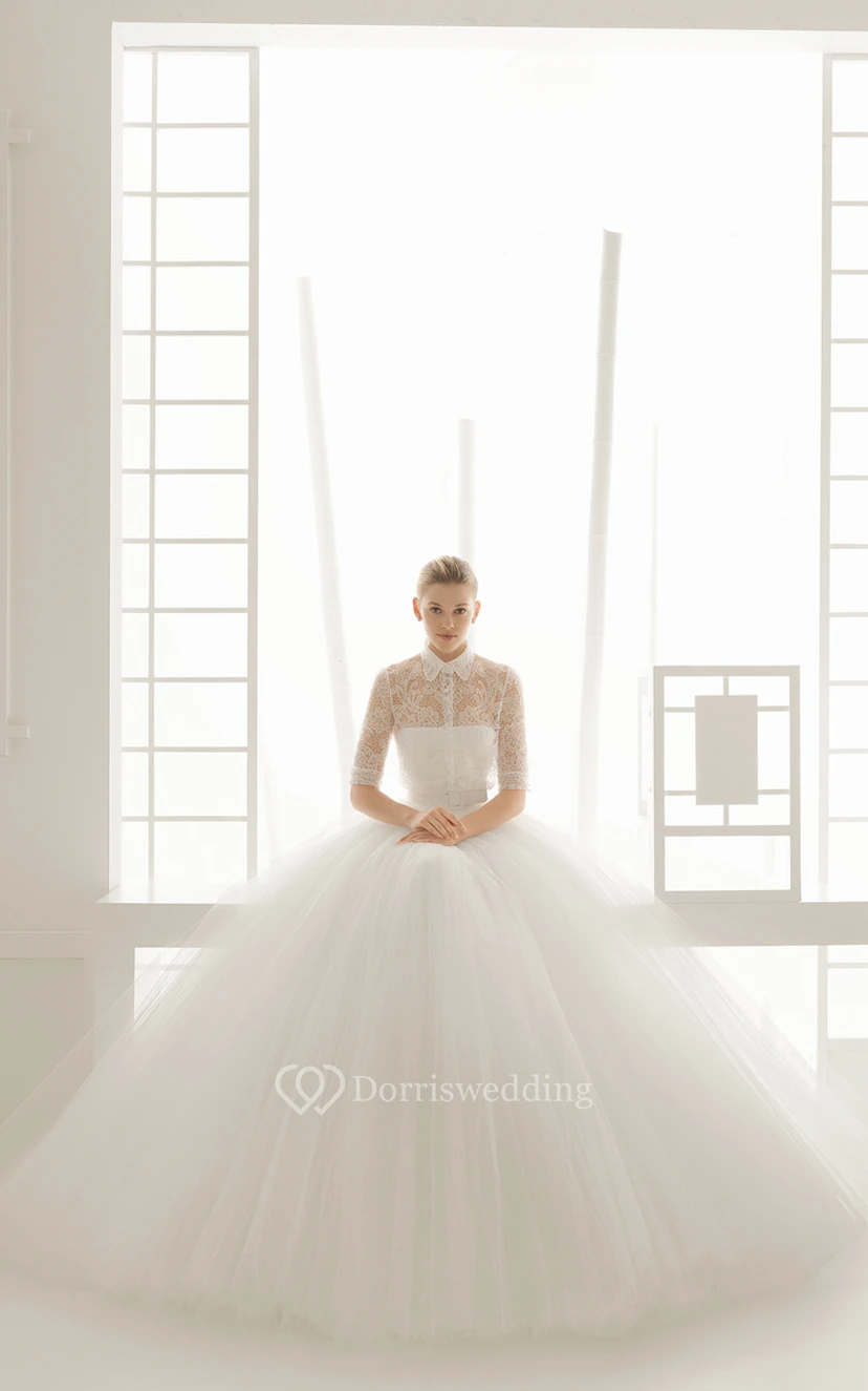 Raffled Lace Half Illusion Sleeve Gown With Mandarin Collar view 3