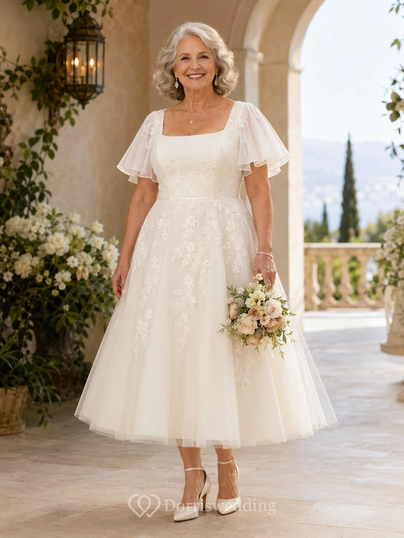 Vestido de novia de tul de talla grande con escote cuadrado y largo hasta la rodilla para novias mayores