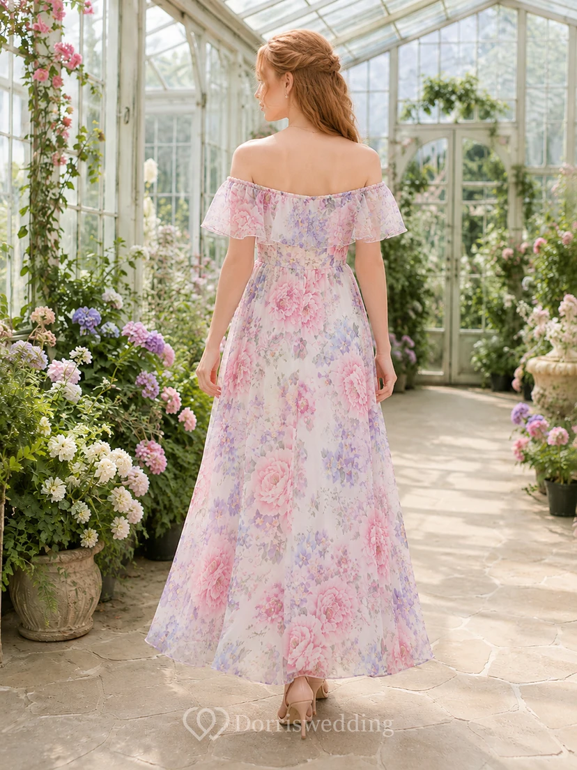 Pastel Floral Off Shoulder Chiffon Garden Maxi Dress view 2