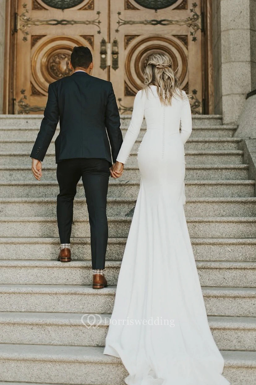 Modest Long Sleeve White Wedding Dress | Simple Formal Temple Lds Bridal Gown view 2