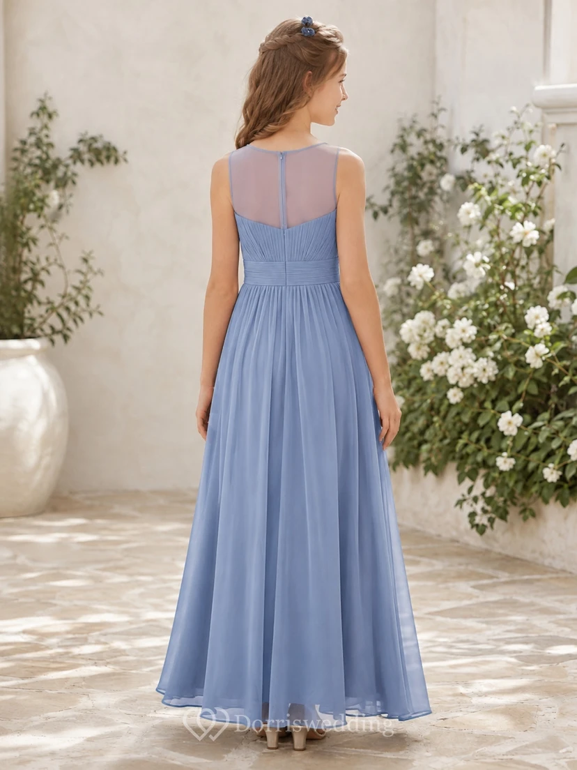 Vestido de dama de honor juvenil azul pizarra, corte en A, largo hasta el suelo, sin mangas, falda plisada, estilo romántico. view 2