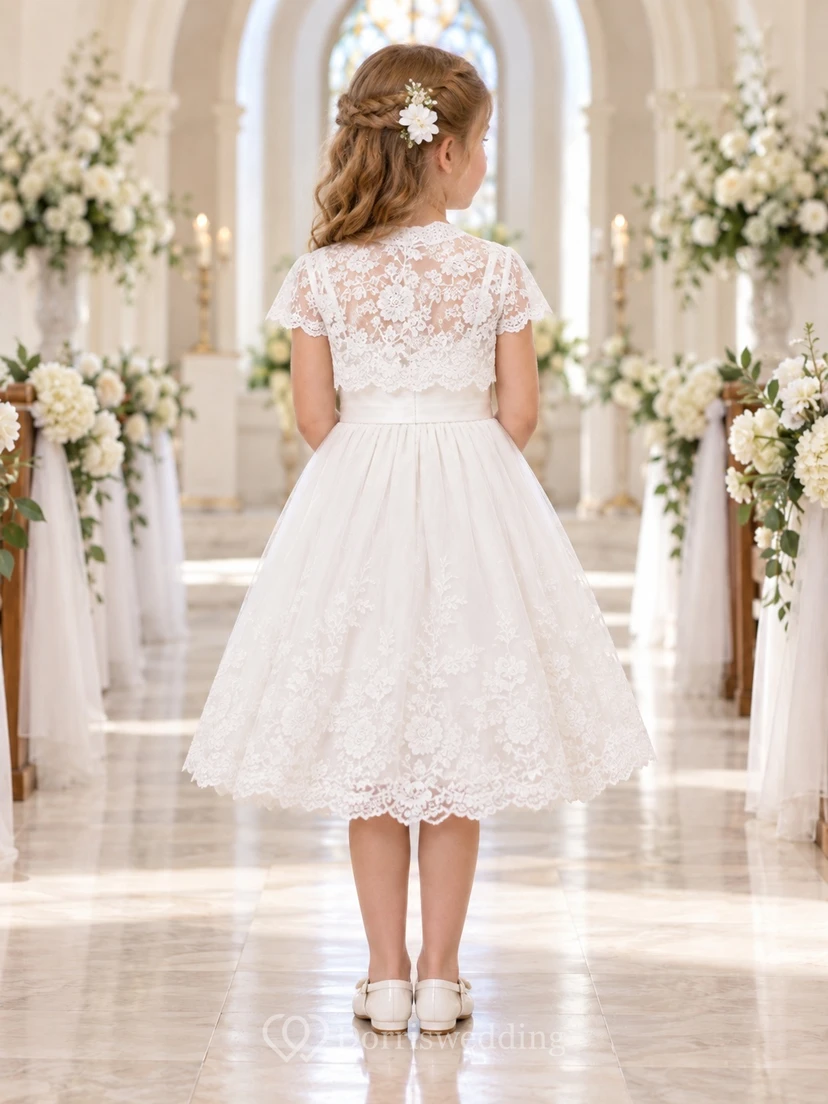 Vestido de niña de flores blanco de corte A, largo hasta la rodilla, con bolero de encaje y mangas cortas, con volantes festoneados y fruncido. view 2