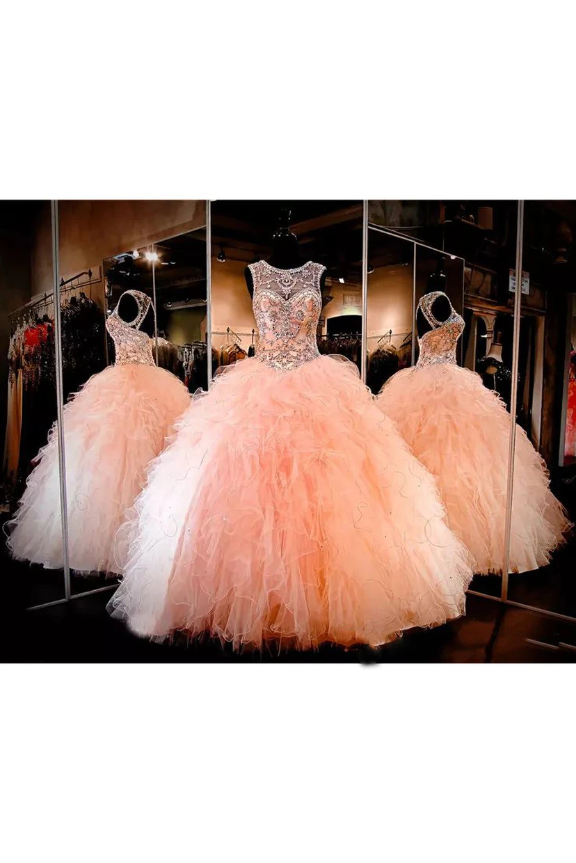 Ballkleid „Jewel Ball Gown“, bodenlang, ärmellos, aus Tüll mit Schnürung und Schlüssellochausschnitt am Rücken.