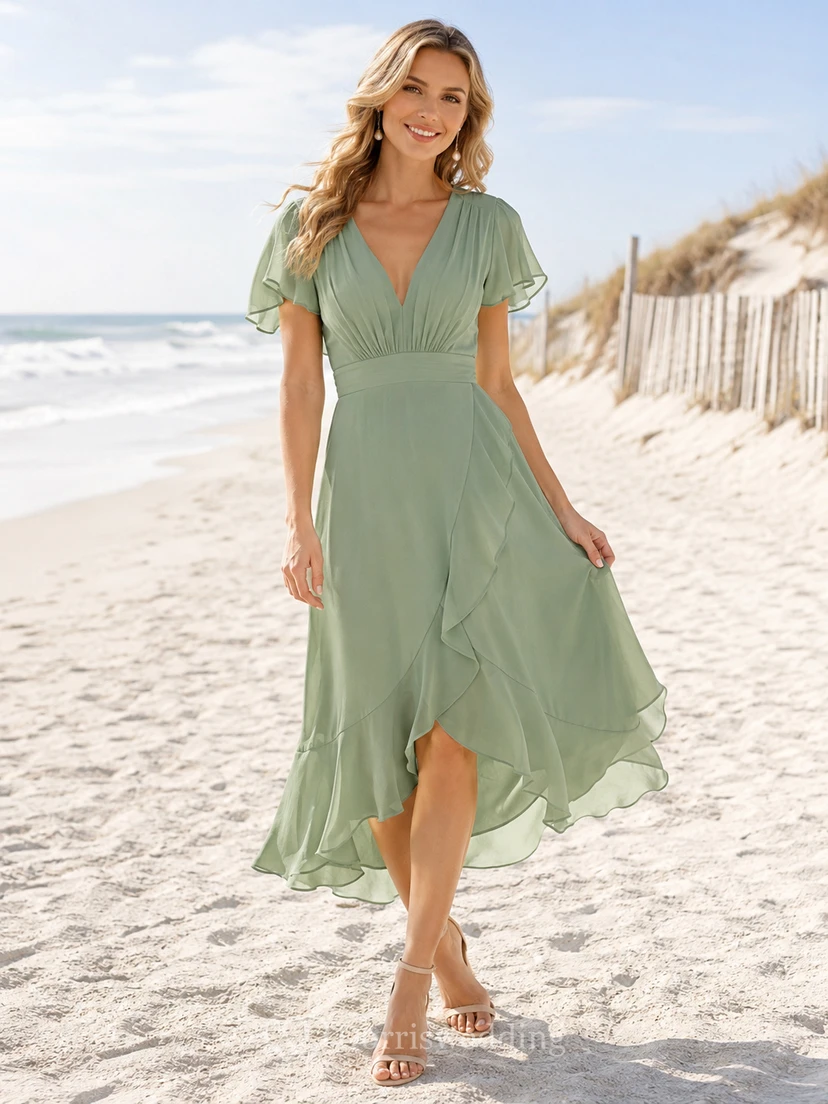 Brautkleid „Sage Beach“ für Hochzeitsgäste, A-Linie, Chiffon, V-Ausschnitt, kurze Ärmel, knöchellang, asymmetrischer Saum view 2