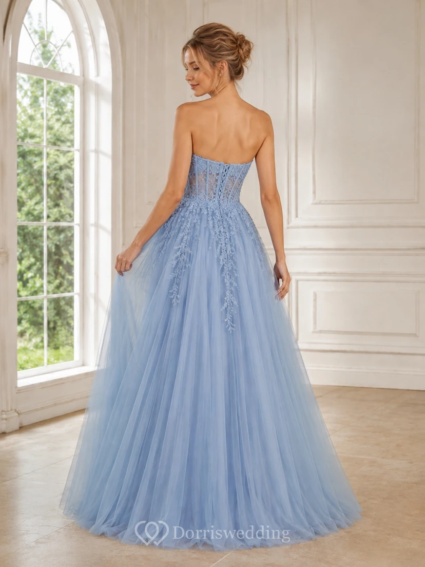 Sky Blue Lace Tulle Sweetheart A-Line Sweep Train Romantic Formal Prom Dress view 2
