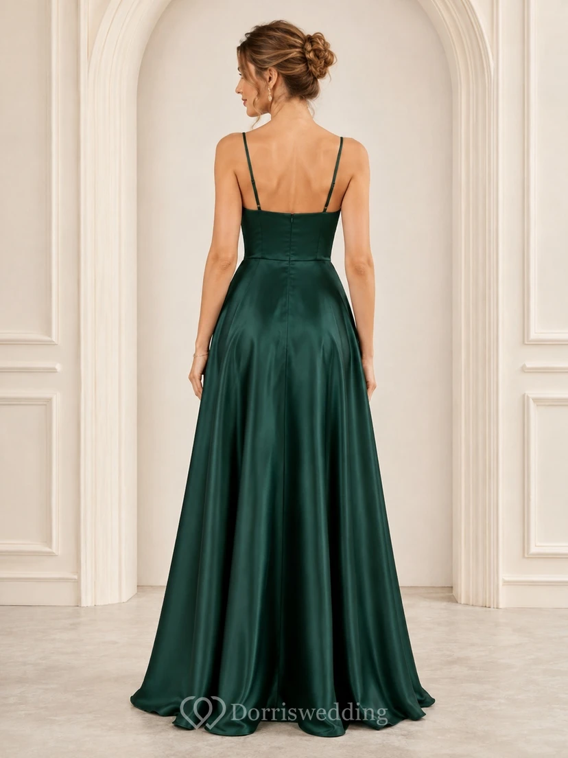 Dunkelgrünes Satin-Abendkleid mit eckigem Ausschnitt, Spaghettiträgern, bodenlang, A-Linie und Schlitz view 2