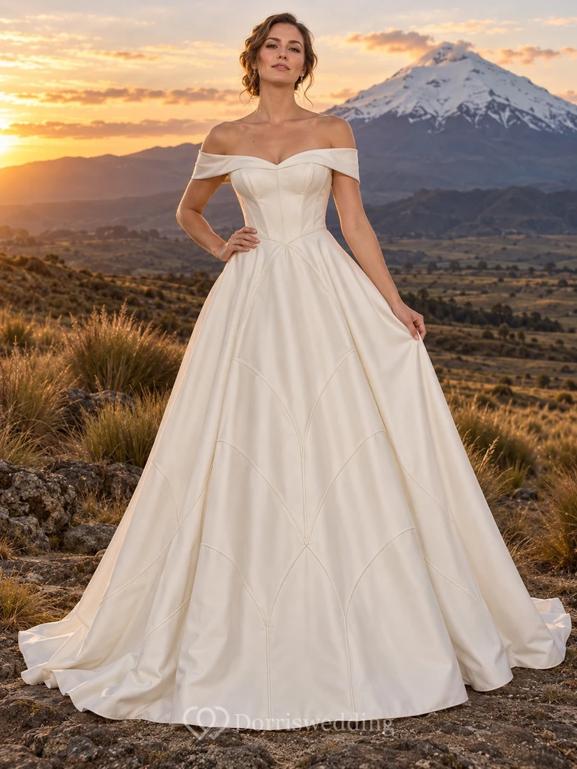 Vestido de novia de satén de algodón con hombros descubiertos, corpiño con paneles y cola completa en línea A.