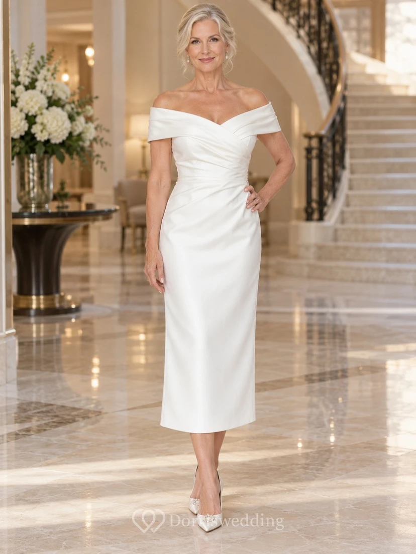 Sencillo vestido de novia de satén tipo tubo, largo hasta la rodilla, con hombros descubiertos y corpiño cruzado, ideal para novias mayores.