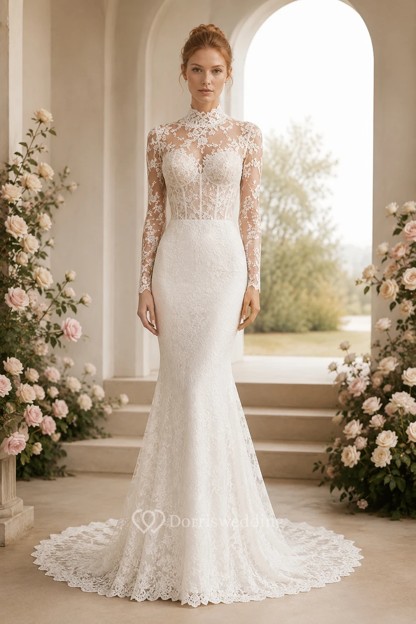 Hochgeschlossenes, langärmeliges Meerjungfrauen-Brautkleid aus Spitze mit offenem Rücken und Spitze