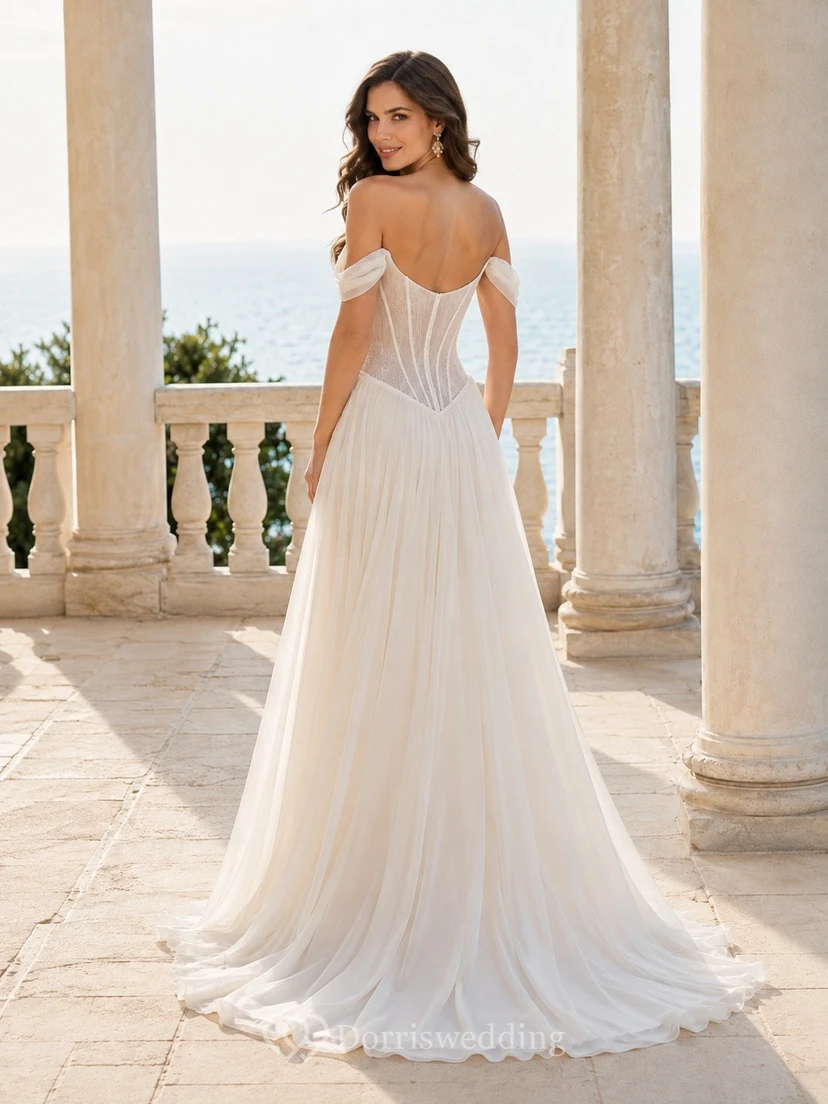 Vestido de novia largo hasta el suelo con escote corazón, corsé y hombros descubiertos, corte en A. view 2