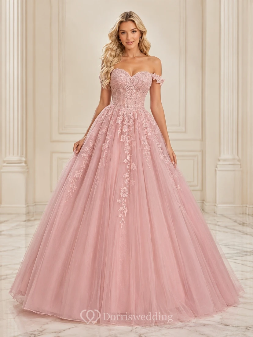 Vestido de gala largo hasta el suelo de tul romántico con hombros descubiertos