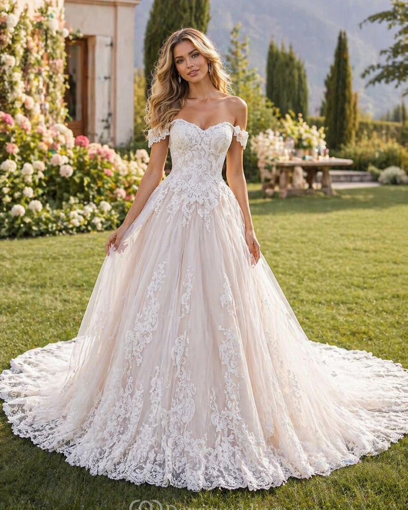 Off-the-shoulder A-line Floor-length Chapel Train Sleeveless Lace Tulle Princess Wedding Dress with Lace-up Back