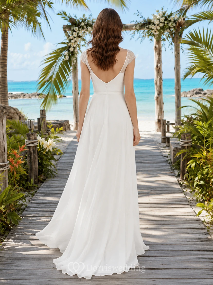 Simple Scoop Neck Chiffon Beach Boardwalk Bridal Gown view 2