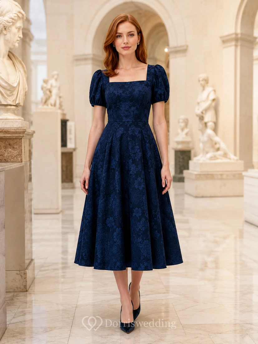 Museum Dark Navy Square Neck Jacquard Velvet A-Line Tea-Length Puff Sleeve Dress