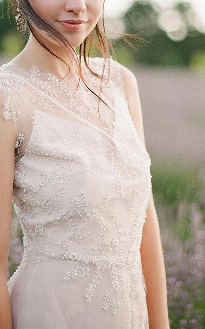 Robe en tulle sans manches, coupe trapèze, col rond, dos illusion et perles view 4