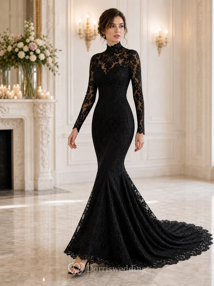 Schwarzes Meerjungfrauen-Hochzeitskleid aus Spitze mit hohem Kragen und langen Ärmeln view 3