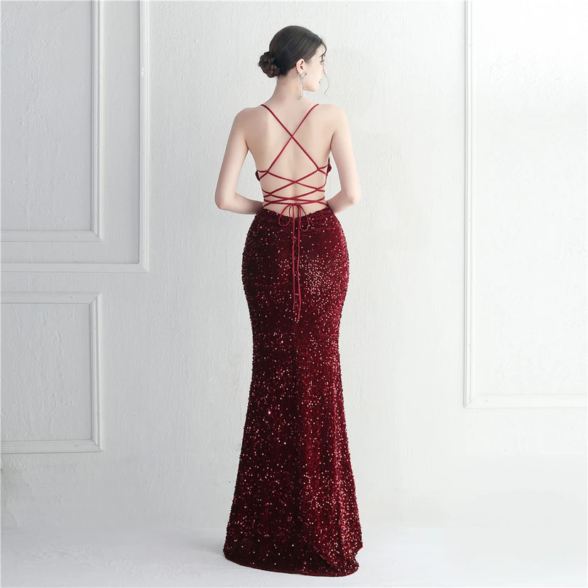 Vestido largo de noche con cola de pez, estilo europeo y americano, con lentejuelas y parte inferior de terciopelo. view 37