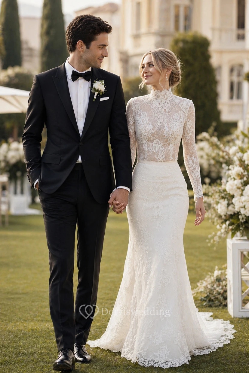 Vestido de novia ajustado de encaje con mangas largas | Body de novia de encaje view 3