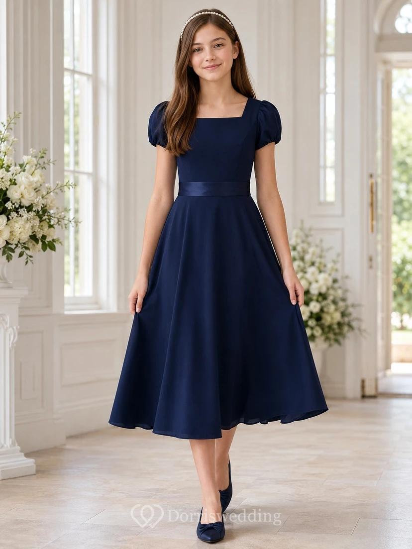 Dunkelblaues Brautjungfernkleid für junge Damen, A-Linie, eckige kurze Puffärmel, Teelänge, Schleifendetail, dezent