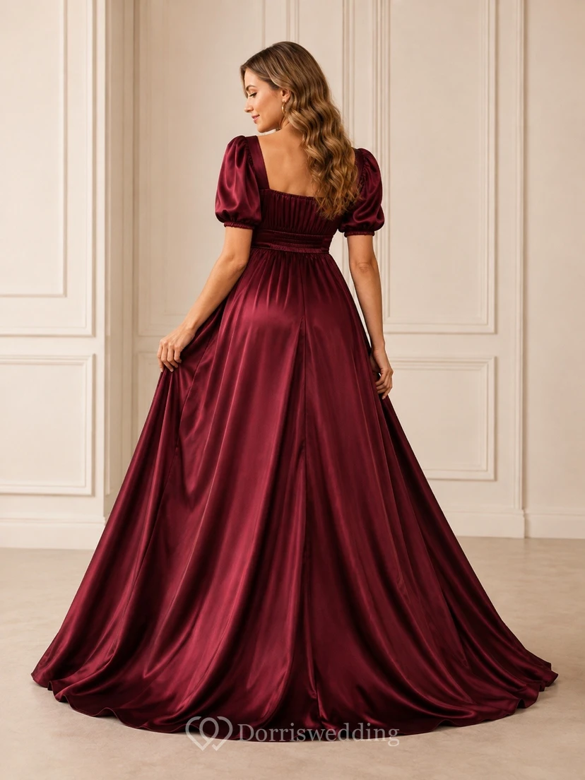 Burgundy Maternity Square Neck Short Sleeve Satin Ball Gown Floor-length Vintage Formal Dress view 2