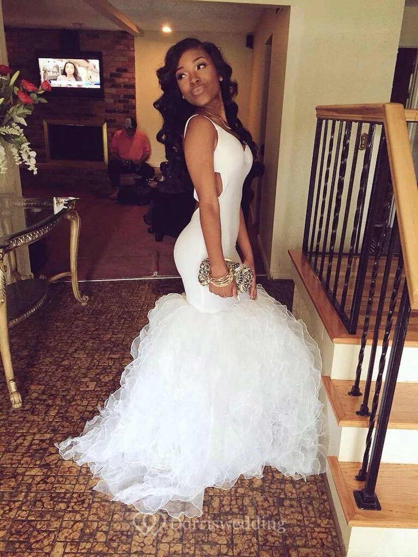 Stunning White V-Neck Prom Dresses Mermaid Ruffles