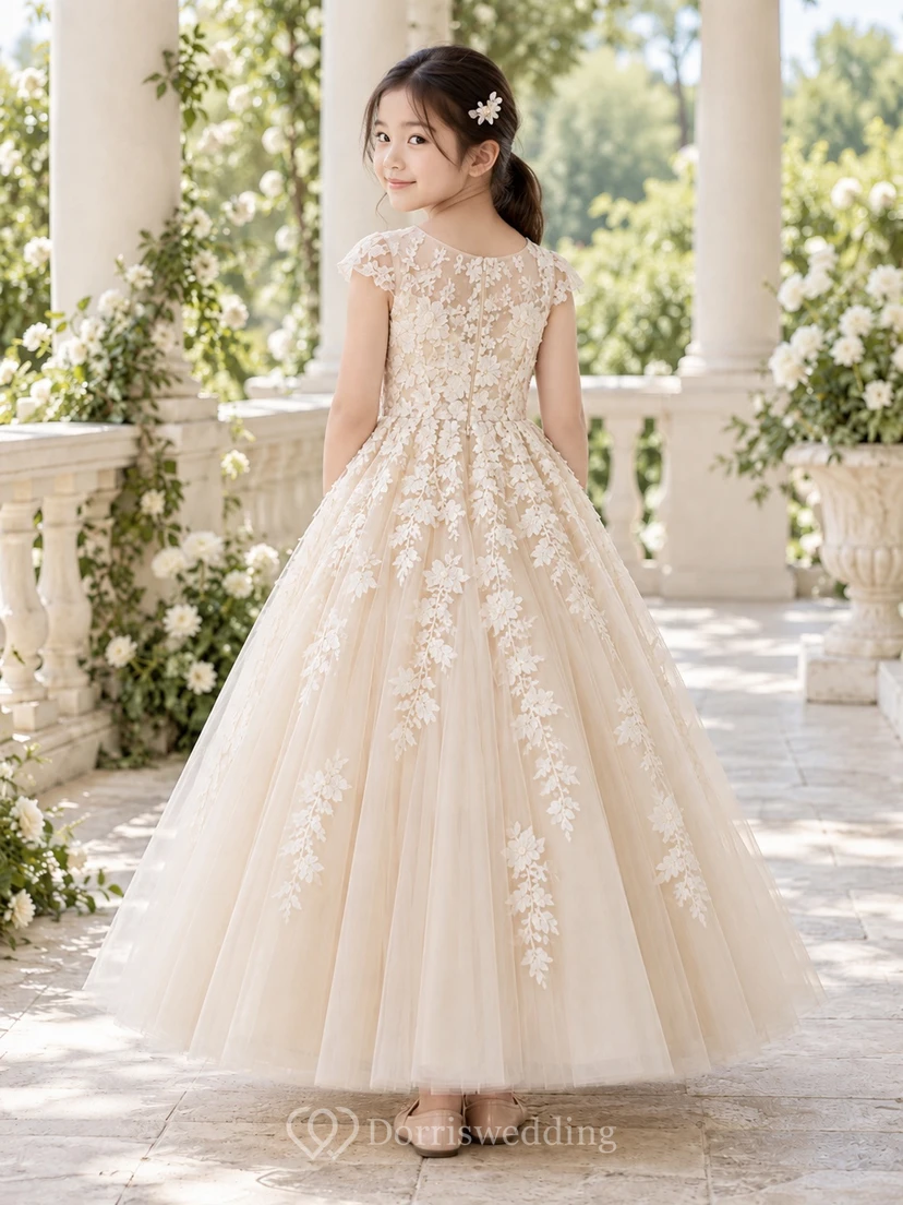 Champagne Floral A-line Tulle Cap-sleeve Ankle-length Appliqued Full-skirted Flower Girl Dress view 2